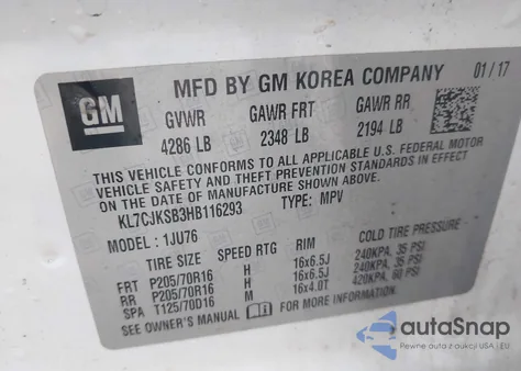 2017 Chevrolet Trax Ls z USA, uszkodzony, nr VIN KL7CJKSB3HB116293